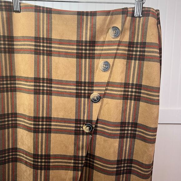 Cato NWT Plaid Asymmetric Button Straight Skirt Knee Length Brown Suede Feel - Picture 1 of 10